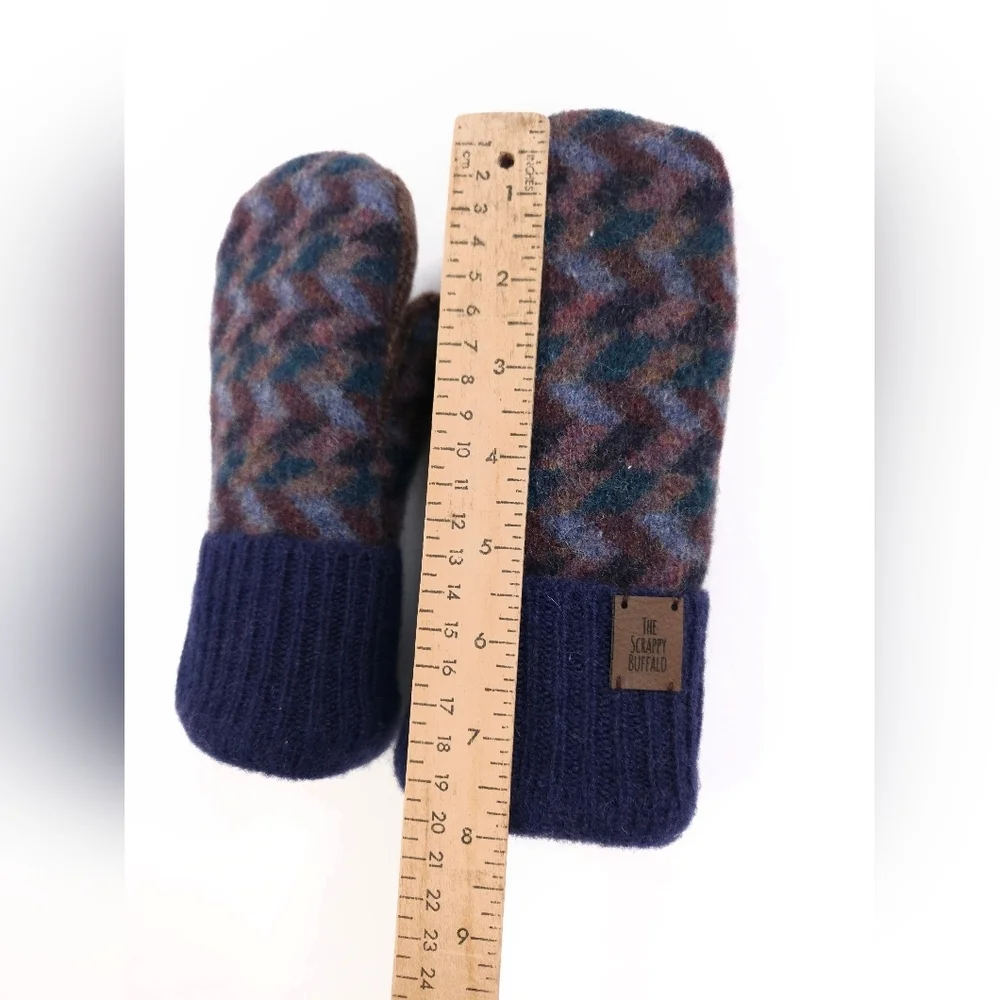Upcycled Navy Blue and Brown Big Kids Wool Mittens Sherpa Lining Children's
